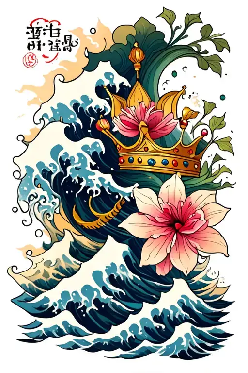 A Japanese Wave Of Water And At The Top A Crown Withh A Flower Of Lys On It