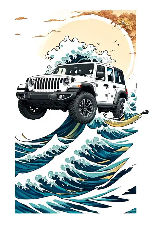 A Japanese Wave Of Water And At The Top A Jeep Jk White On It