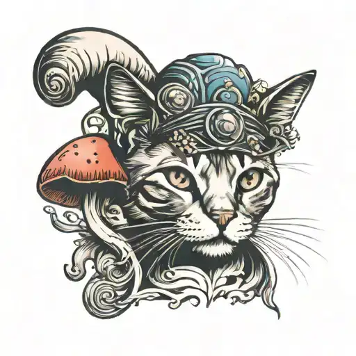 Cat With Mashroom On His Head Surrounded
