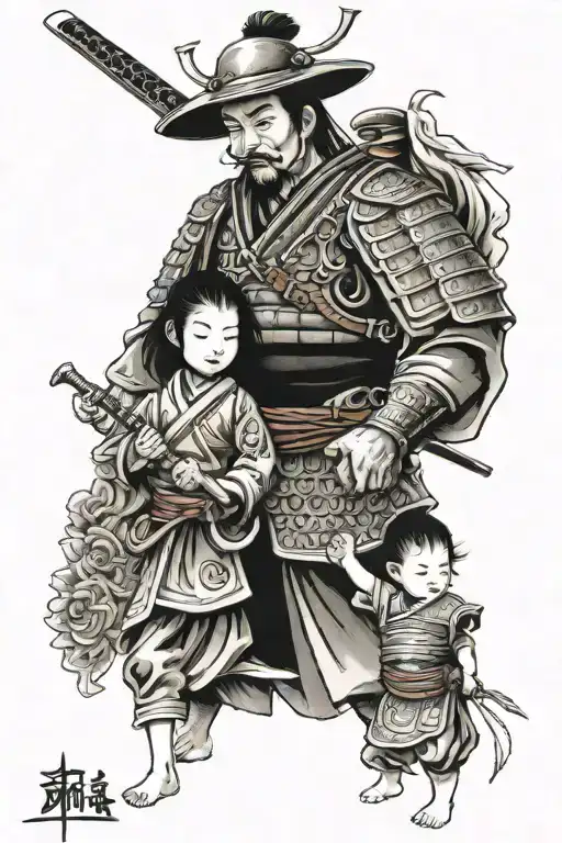Samurai Warrior With Child And Wife Holding Hands