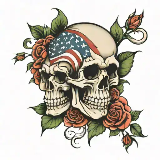 Skull Roses American Flag Intertwined