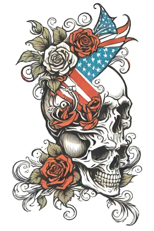 Skull Roses American Flag Downward Spiral