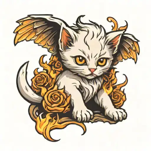 Tiny White Kitten With Wings Holding Fire