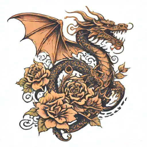 An Intricate Design Of A Dragon And Flowers Intertwined With Musical Notes