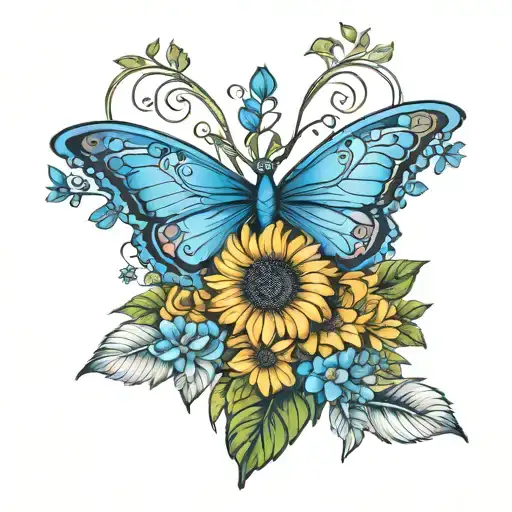 Blue Butterfly Sunflower Rose Daisy Flowers