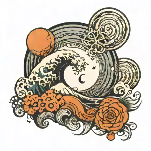 Wave And Moon Rising Geometric Design Incorporating