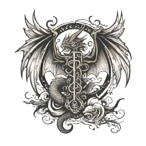 Cross Through Wings And Dragon Wrapped