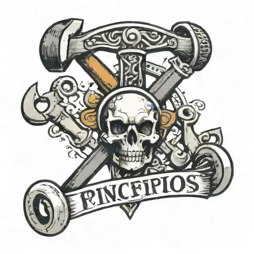 Hammer And Wrench Intertwined With Word 'Principios' And A Roman Motive Around