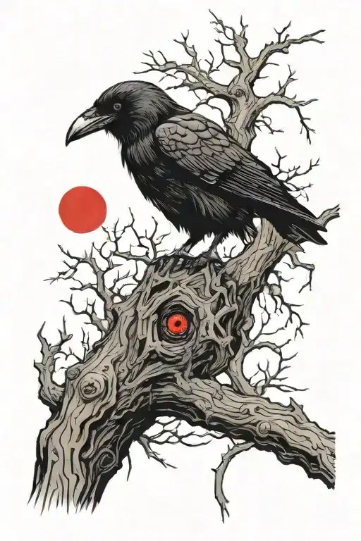 Crow On A Dead Tree With Big Red Demon Eye Above It