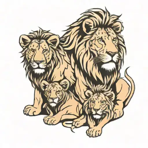 Male Lion With His Two Cubs In Black And White Only Lines