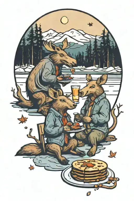 Moose And Beaver Are Enjoying Pancakes With Maple Syrup Under The Moon