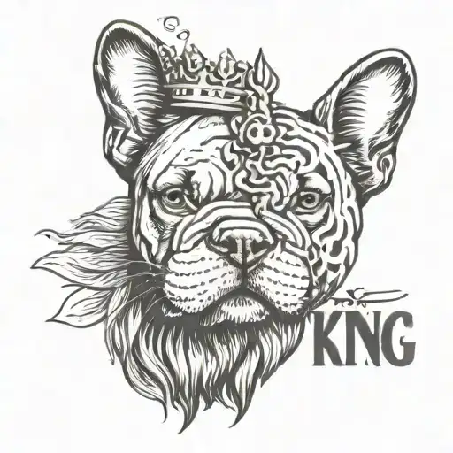 Half French Bulldog Face And Half Lion Face Side By Side With The Name King Next To It