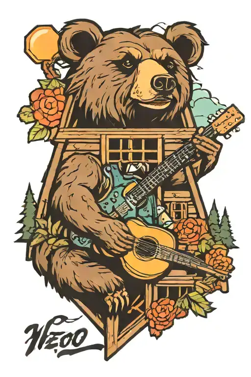 Cabin Building With A Bear Playing Guitar Visable Through The Window