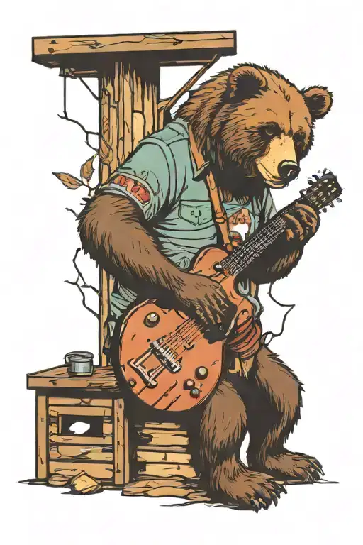 Cabin Building With A Bear Playing Guitar Visable Through The Window