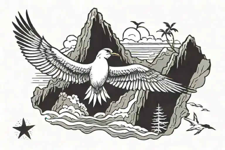 White Tailed Tropicbird Flying Around A Mountain Scene