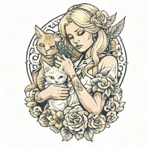 Angelic Blonde Woman Holding Smoking Gun And Kitten