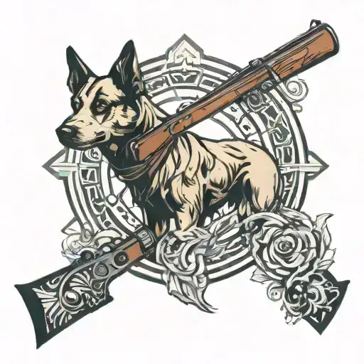 Hunter Shotgun And Dog On A Stance Surrounded