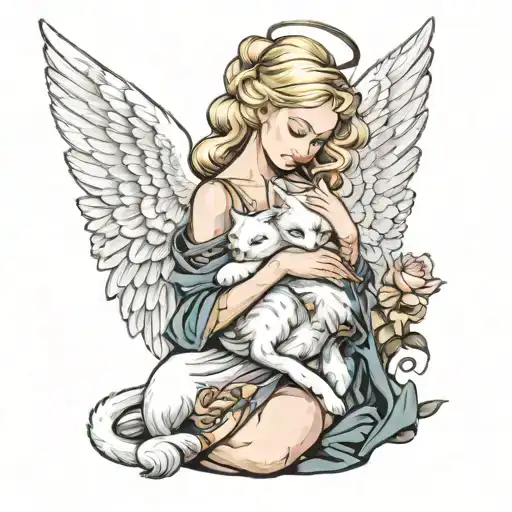 Blonde Angel Woman Holding White Kitten With Wings Crying