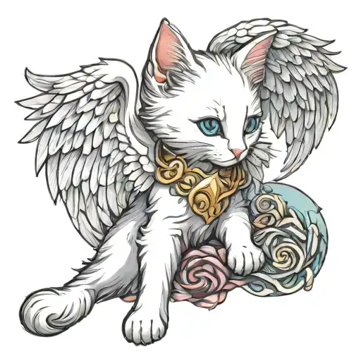 Angelic White Kitten With Angel Wings Morphing Into A Unicorn