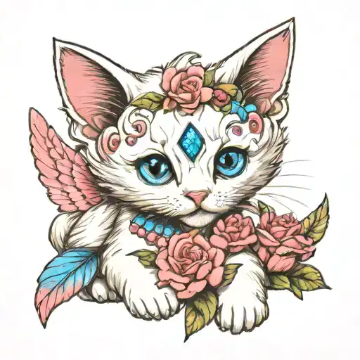 Bright Blue Eyed White Kitten With Angel Wings Covered In Pink Gems And Pink Flowers