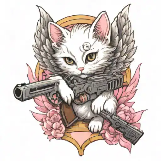 White Kitten With Giant Wings Holding Gun Surrounded By Pink Crystals Floating