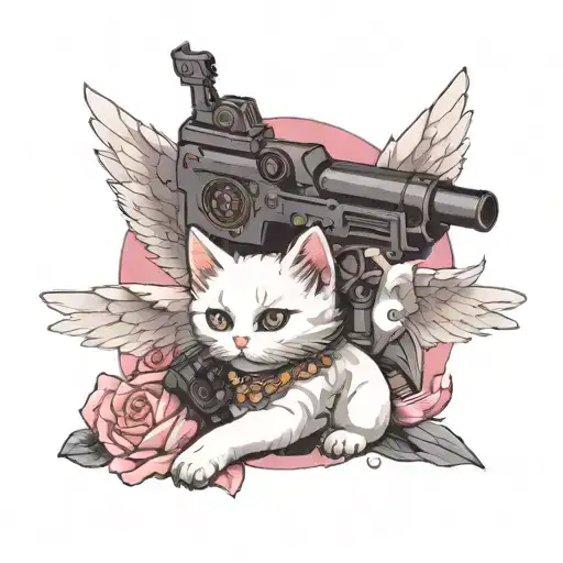 White Kitten With Giant Wings Holding A Gun Sitting On Top Of Pink Crystals