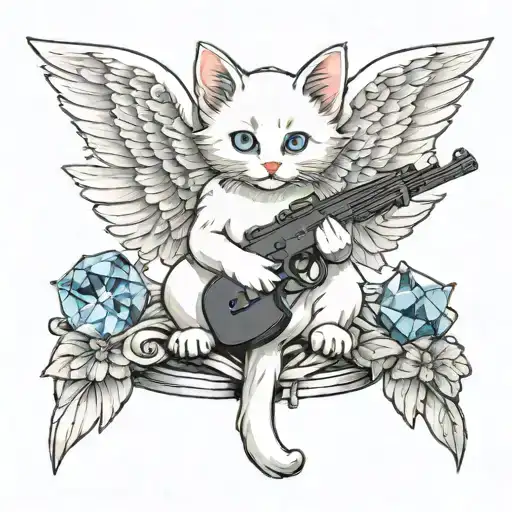 Little White Kitten With Wings Sitting Holding A Gun Surrounded By Floating Crystals