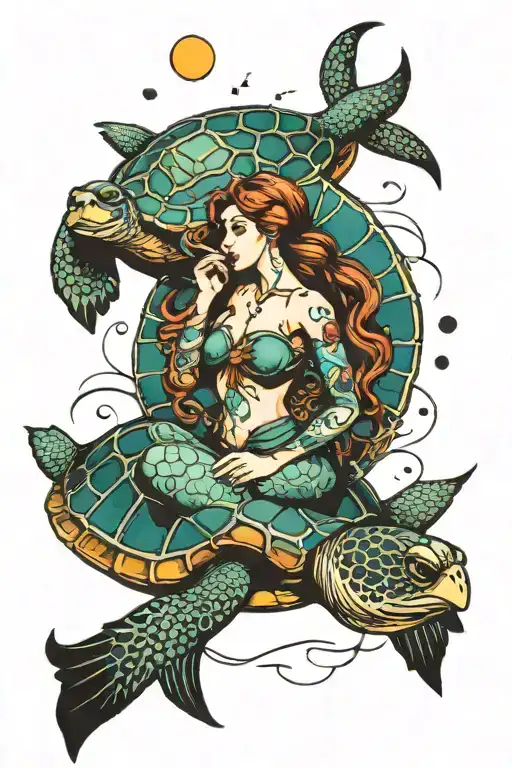 Turtle Swimming And Mermaid Holding A Cresent Moon