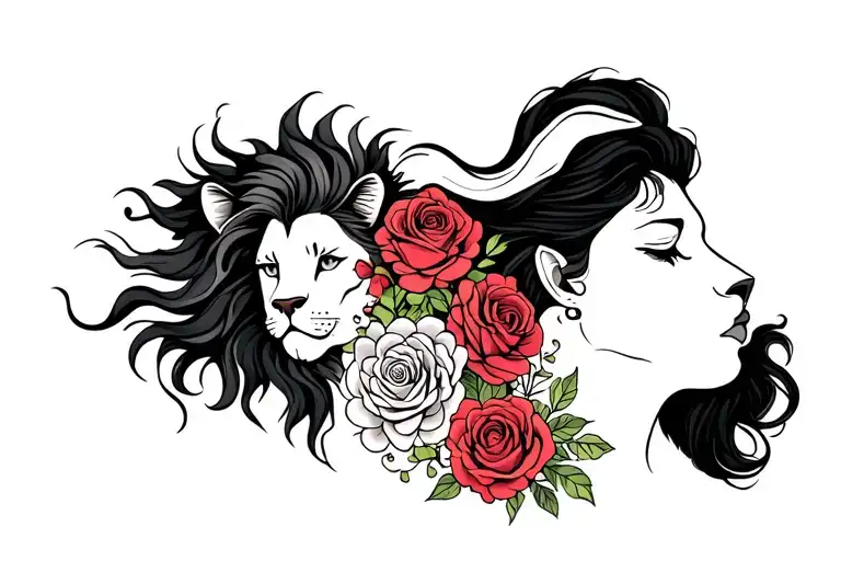 Lion Half Woman Half Lion Tattoo With Roses And Flowers