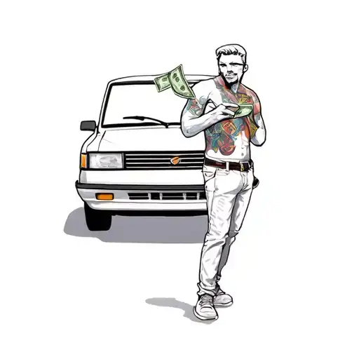 A Man Holding Money In Front Of A Car