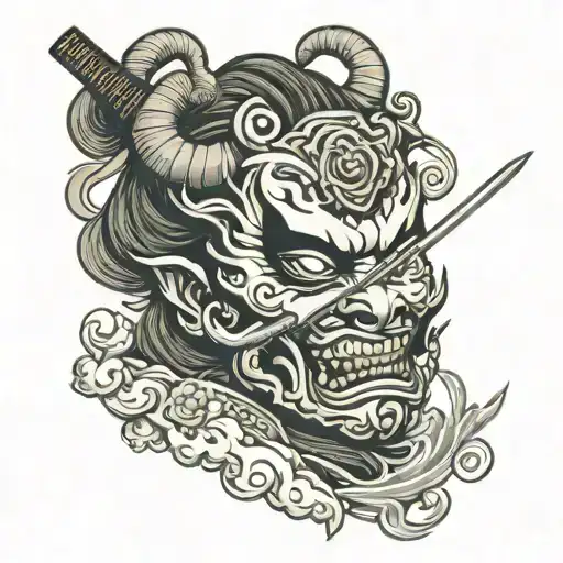 Japenese Oni Mask With Female Geisha Holding A Katana