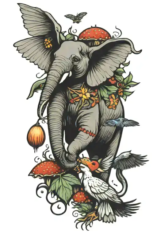 Elephant With Eagle With A Penguin And Dragon Fly Agaric Mushroom