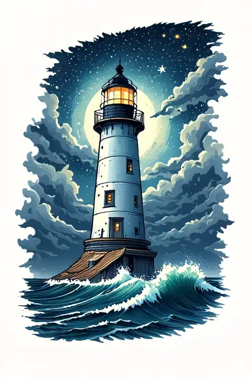 Lighthouse On Stormy Sea Under Night Sky Full Of Stars