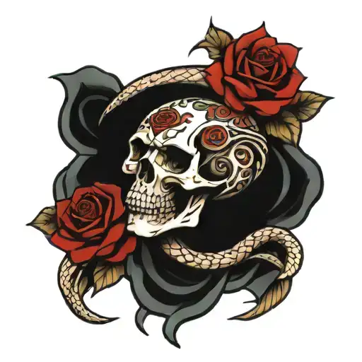 Skull And Rose And Snake Intertwined