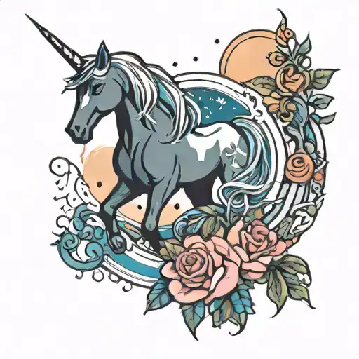 Unicorn And Stars And Moon And Compas Rose With Colors