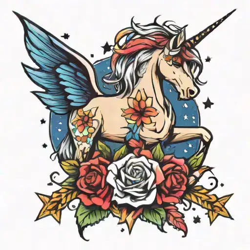 Unicorn And Stars And Moon And Compas Rose With Colors