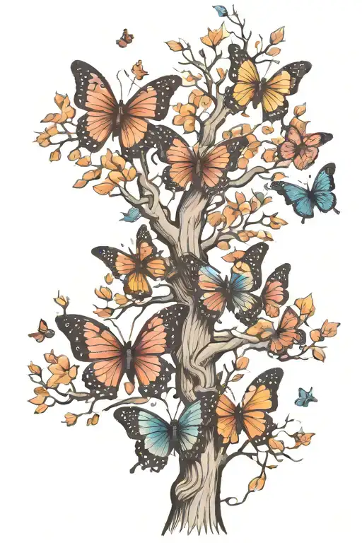 Tree Branch With Butterflies Flying Around A Tree