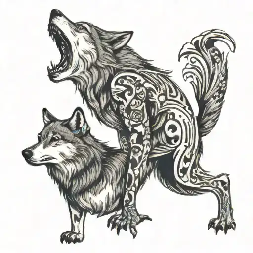 Wolf Howling With Woman Posing
