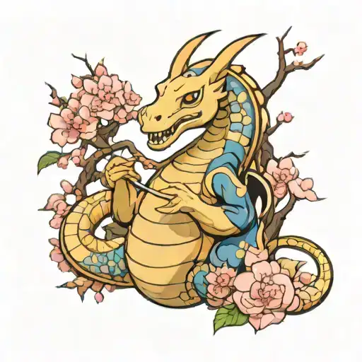 A Dragonite Being Pet By Ichigo True Bankai And Posing On Battle With A Sakura Tree Blooming Behind