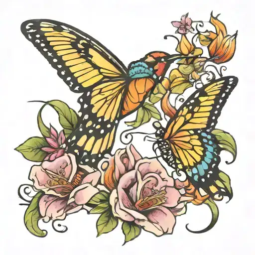 Monarch Butterfly And Humming Bird Flying Across