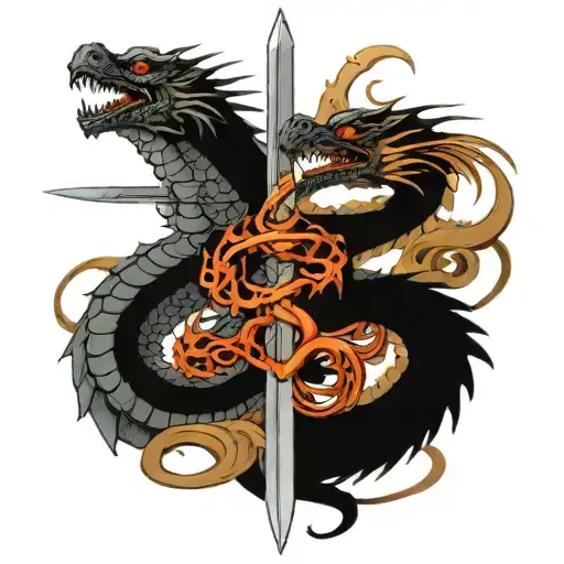 Two Dragons With A Sword Surrounded