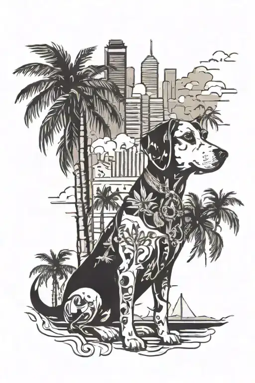 Dog With Palm Trees And City's Skyline Symbolizing