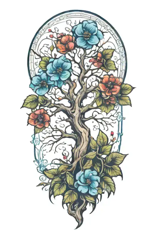 A Tree Half In Winter And Half In Spring With Blue Flowers