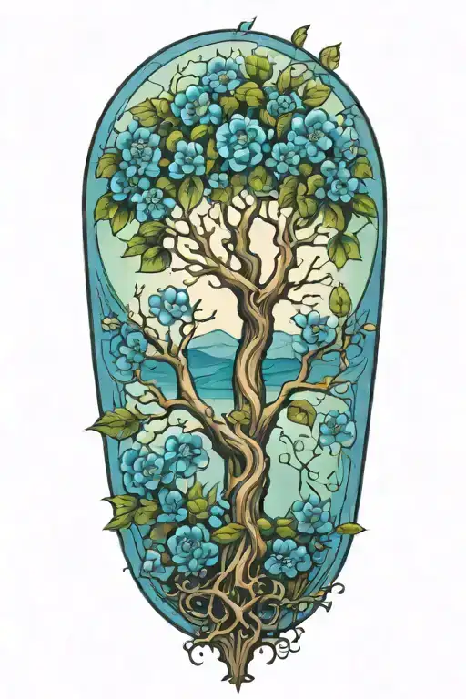 One Half Of A Tree Without Flowers The Other Half With Blue Flowers