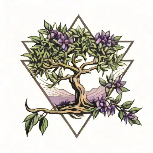 A Olive Tree In A Triangle Outline Intertwined With A Violet Flower