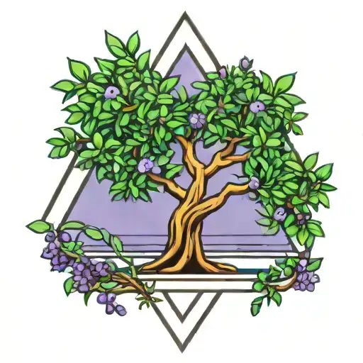 A Olive Tree And A Well Water In A Triangle Outline Intertwined With A Flower Violet