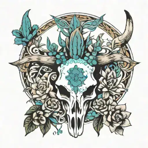 Longhorn Skull With Native Turquoise Jewelry That Has Cactus And Western Floral Print Around It