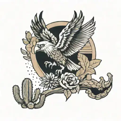 Desert Arm Sleeve Tattoo With Cactus And An Eagle Flying Around