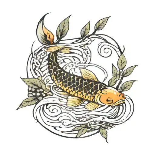 A Koi Fish In A River Lined With Towering Trees And A Olive Tree