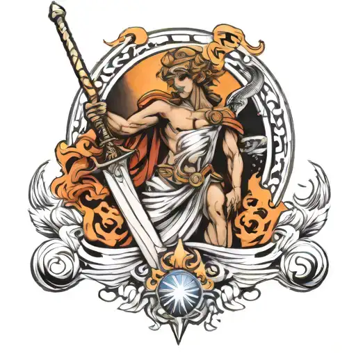 Greece Angel Holding Sword Planets Fire